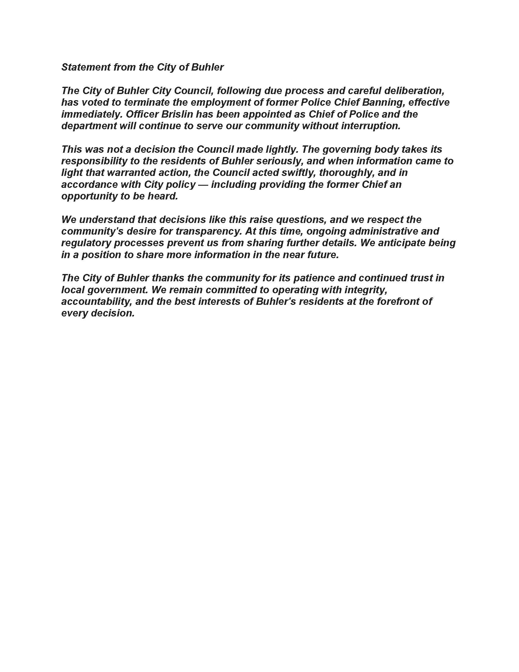 Statement from the City of Buhler